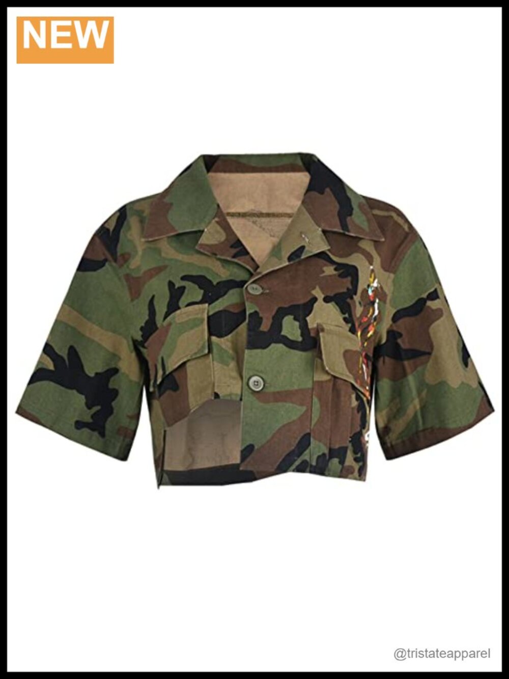 Cropped Camo Denim Jacket Short Sleeve Casual